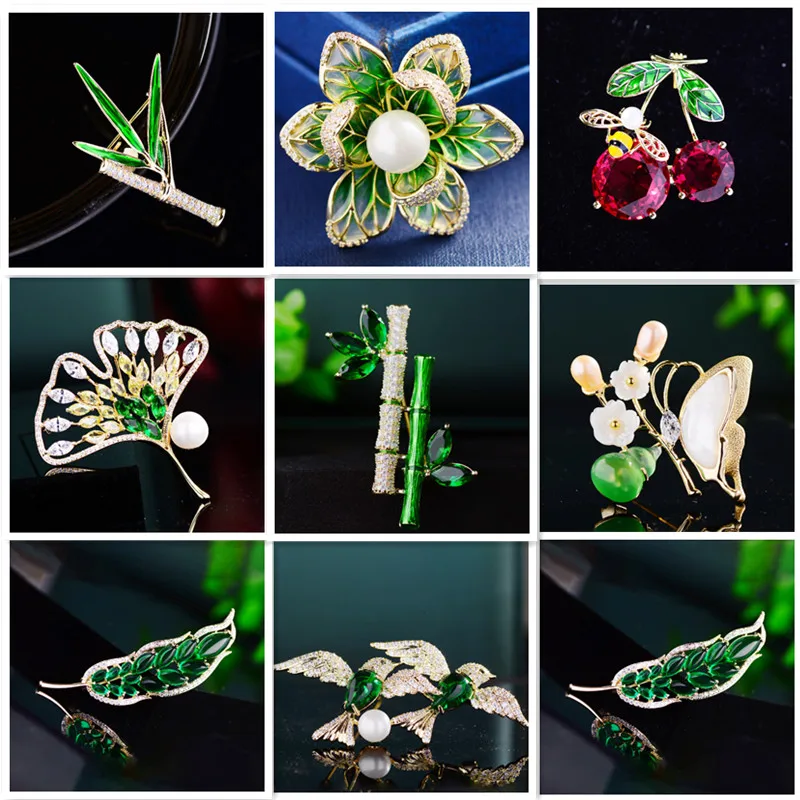 

Design Statement Bamboo Brooches Pin Jewelry for Women Enamel Plated Cubic Zirconia Corsage Accessories Wedding Bouttoniere