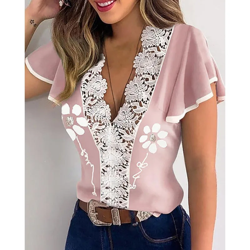 

Women's tops ruffled sexy lace stitching tops fashion casual T-shirts, new summer sexy T-shirts tops