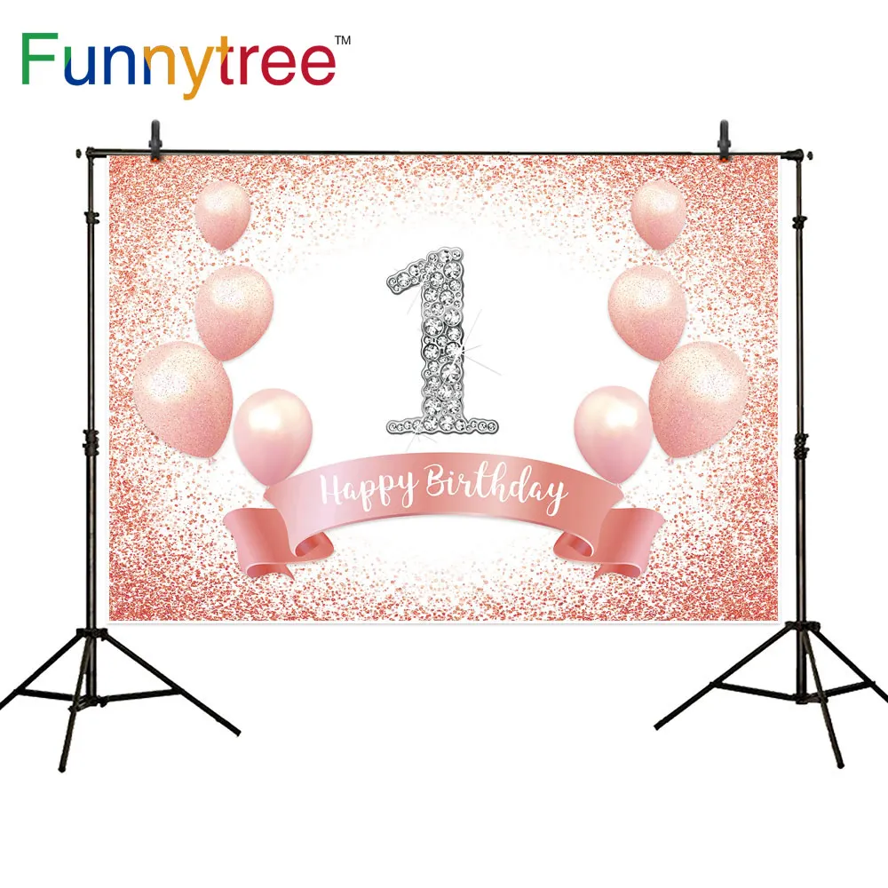 

Funnytree Giltter Diamond Balloons Background 1st One Birthday Party Baby Shower Backdrop Pink Photo Studio Photocall Banner