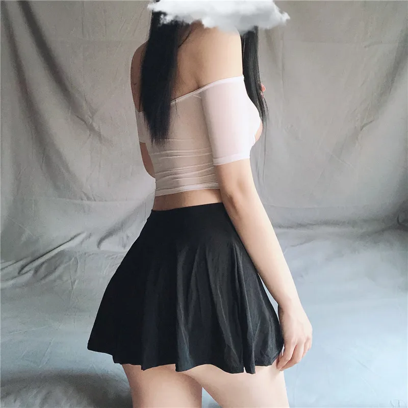 

Club Sexy Wear Sheer See Through Skirts Sexy Women Ice Silk A-Line Pleated Skirt Low Rise Waist Ruffled Skirt Micro Mini Skirt