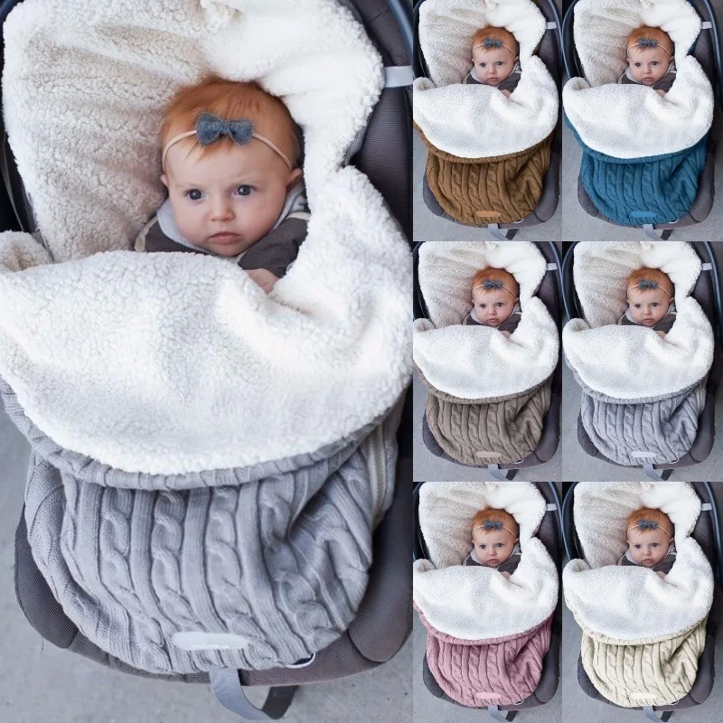 

Newborn Baby Plus Velvet Sleeping Bag Baby Solid Color Thick Knitted Warm Wrap Blankets Infant Woolen Stroller Sleeping Bag