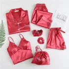 Весенняя Новая модная Домашняя одежда, сексуальный шелковый комплект из 7 предметов, осенние шорты, Пижамный костюм, розовая пижама для девочек, атласные пижамы для женщин