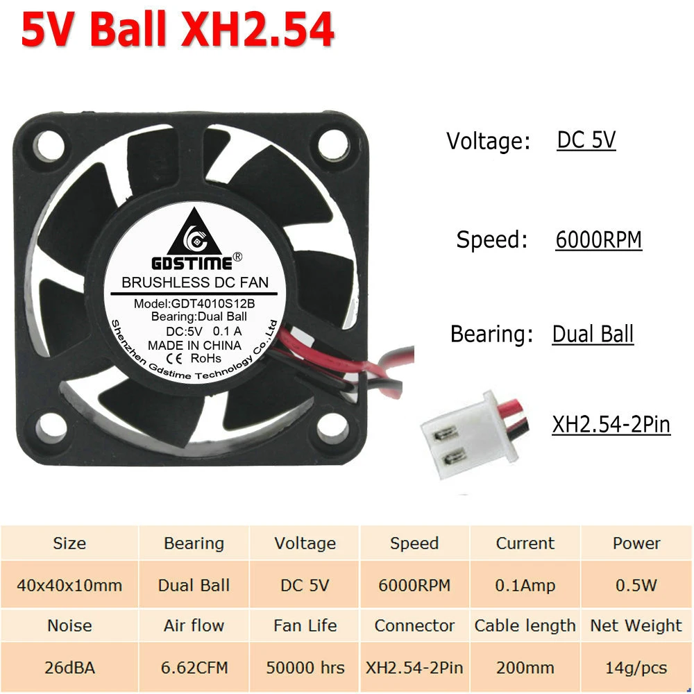 10 шт./Партия Кулер 40x40x10 мм 4010 2Pin 3Pin Dupont USB 5 в 12 В 24 в 40 мм 4 см DC чехол для компьютера Бесщеточный вентилятор охлаждения Втулка с отверстиями для шариков - Цвет лезвия: 5V Ball 6000RPM