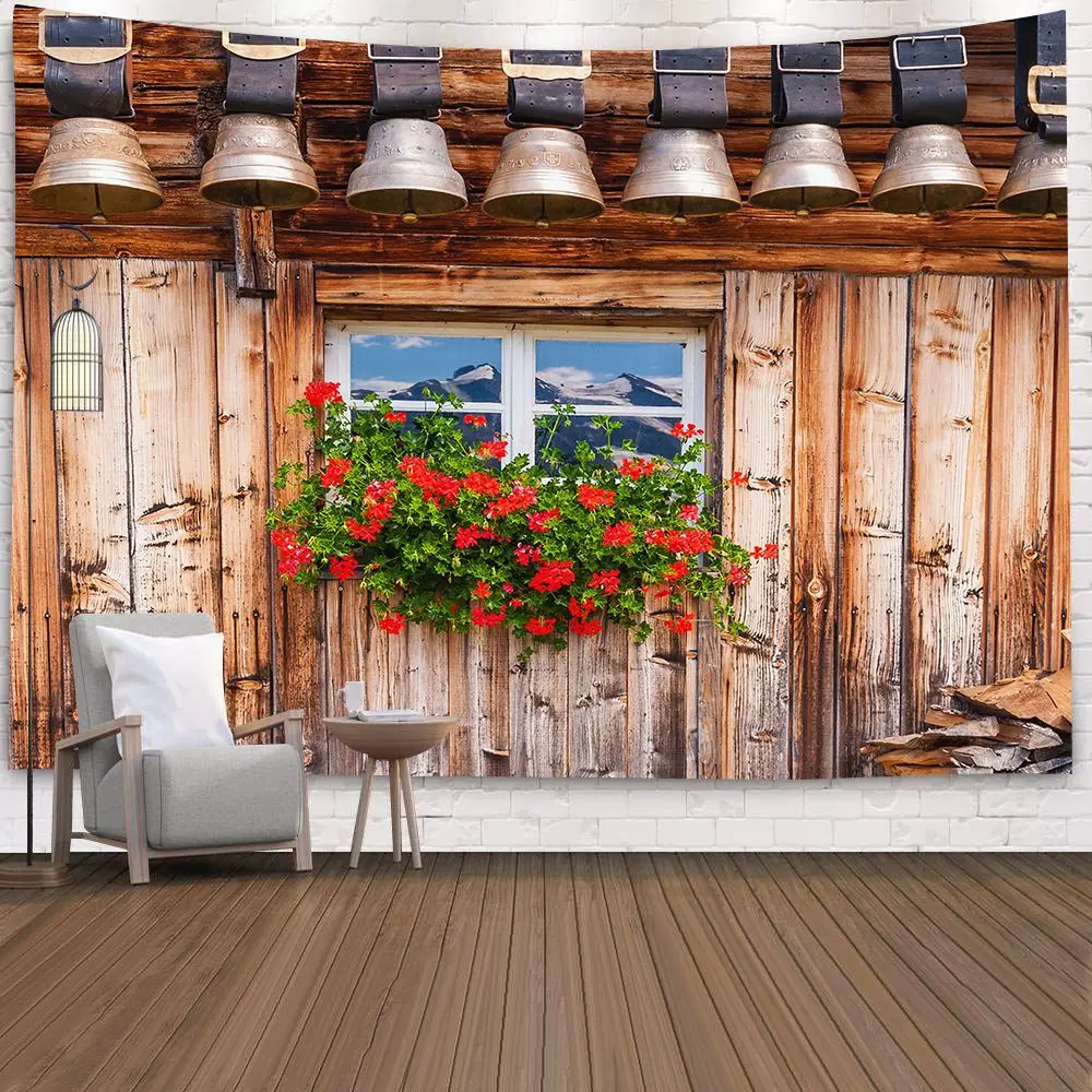 

Tapestry Fireplace And Bookshelf Style Warm Feeling Beautiful Flower Home Decoration Cool Polyester Thin Wall Hanging Cloth