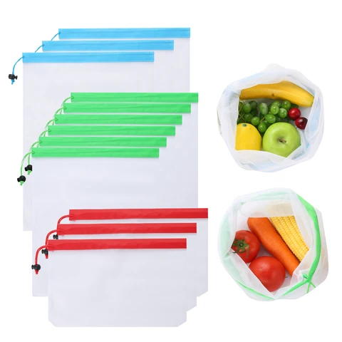 Многоразовые сетчатые продуктовые сумки, экологически чистые моющиеся мешки для продуктов, для хранения фруктов, овощей, игрушек, мелочей, SB001, 12 шт./лот - изображение
