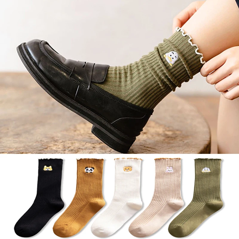 

5 Pair Embroidery Animal Winter Socks Women Cute Cotton Long Designer Socks All-Match Fashion Flower Edge High Quality Chausette
