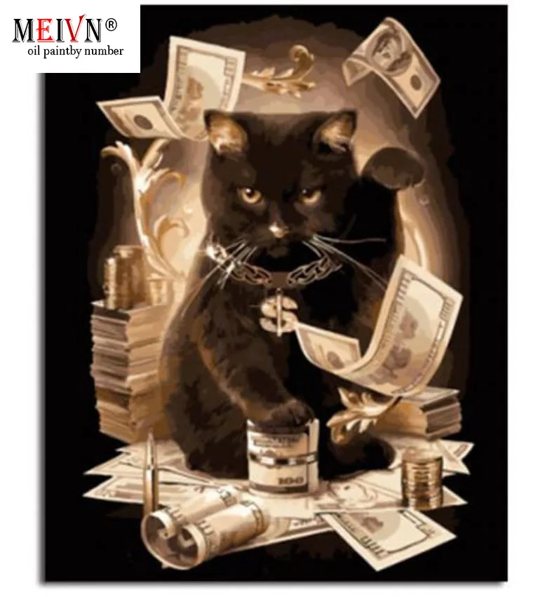 Meivn сделай сам масляная живопись по номерам комплект черная кошка деньги