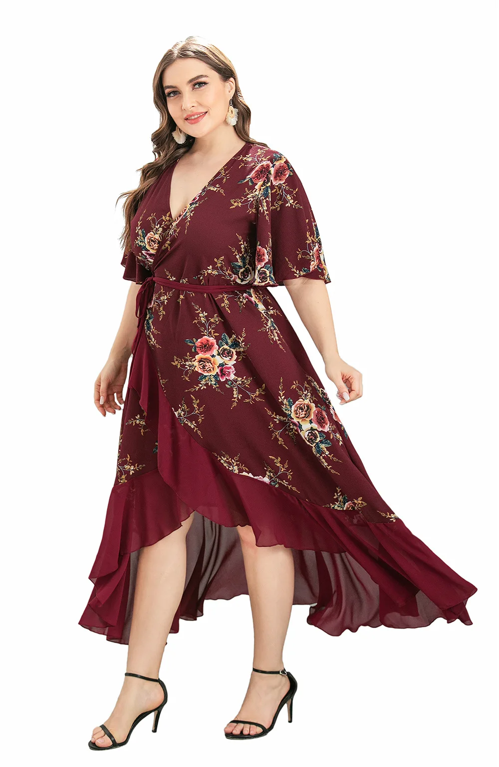 

Plus Size Dress 5xl V-Neck Ruffle Irregular Print Bandage Mid-Sleeve Skirt Slim Summer Cardigan High Waist Red Elegant Party