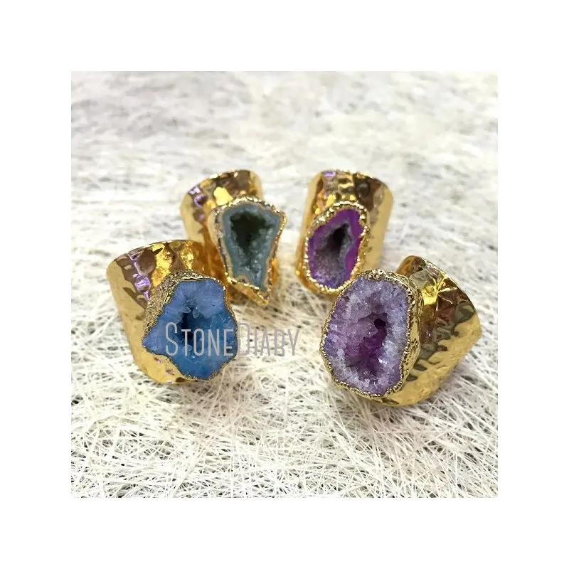 RM337 5 шт. позолоченное кольцо свободной формы случайный цвет Агаты Жеода другая