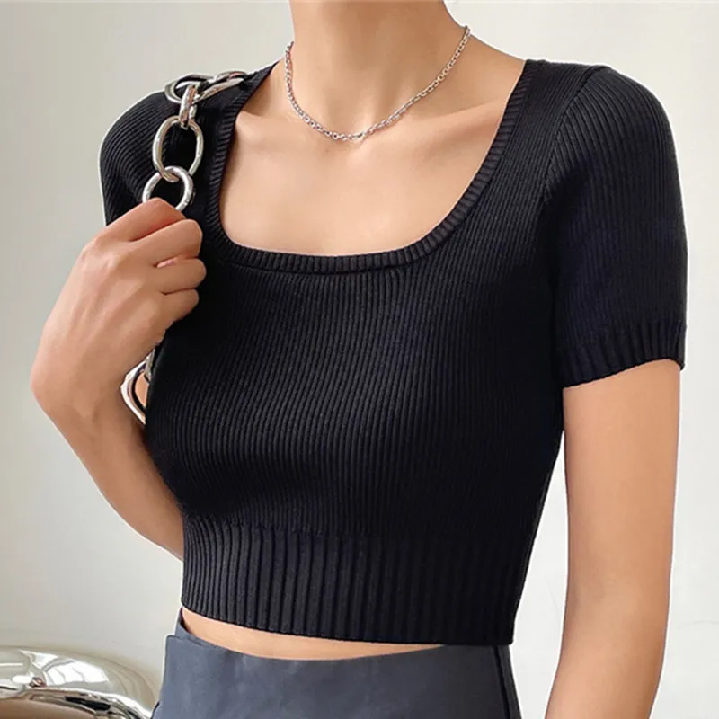 

Новинка 2021, летняя модная женская футболка, однотонная Высококачественная женская футболка, хлопковые облегающие повседневные Элегантные ...