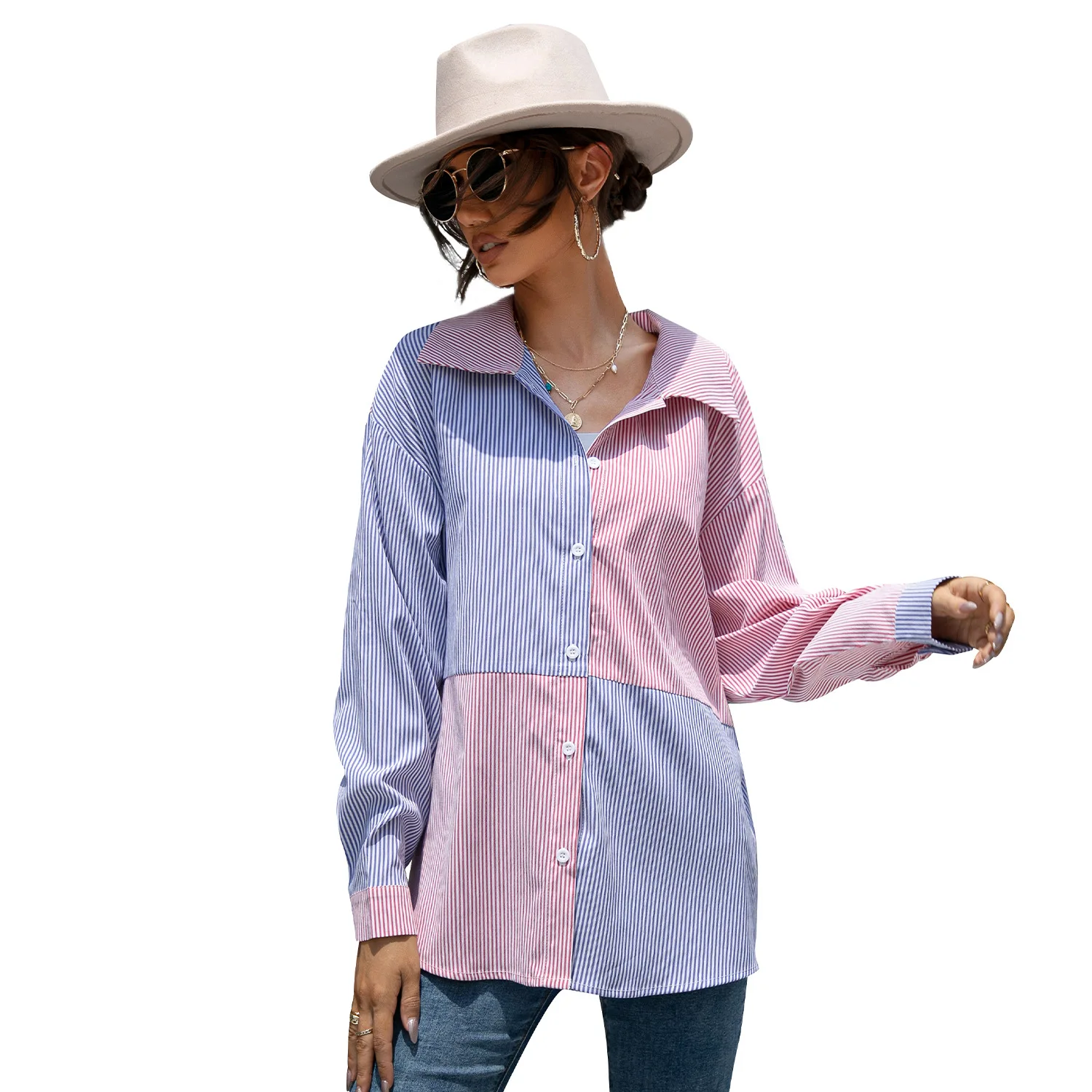 

2021 осенняя и зимняя полосатая цветная контрастная комбинированная блузка синие и розовые Топы для женщин