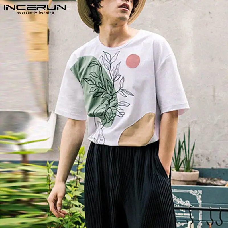 

INCERUN 2021 New Men's Korean Style Tees men Loose Design Round-neck Solid Comfortable Plant Fashion Short-sleeve T-shirt S-5XL