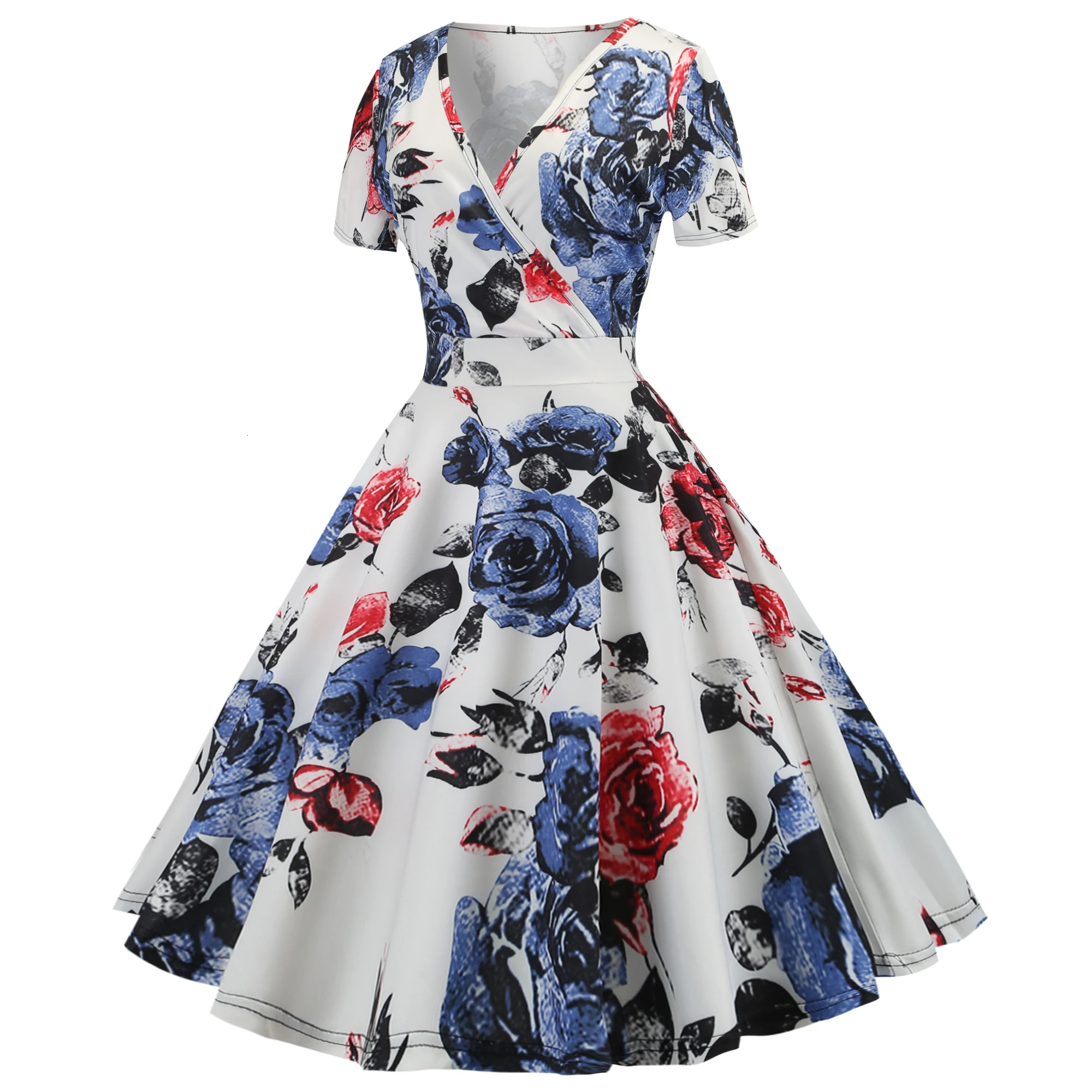 Bebovizi Women 2019 Summer Dresses Casual Office Elegant Vintage Short White Dress Plus Size Flower Print Sexy V-Neck Vestidos |