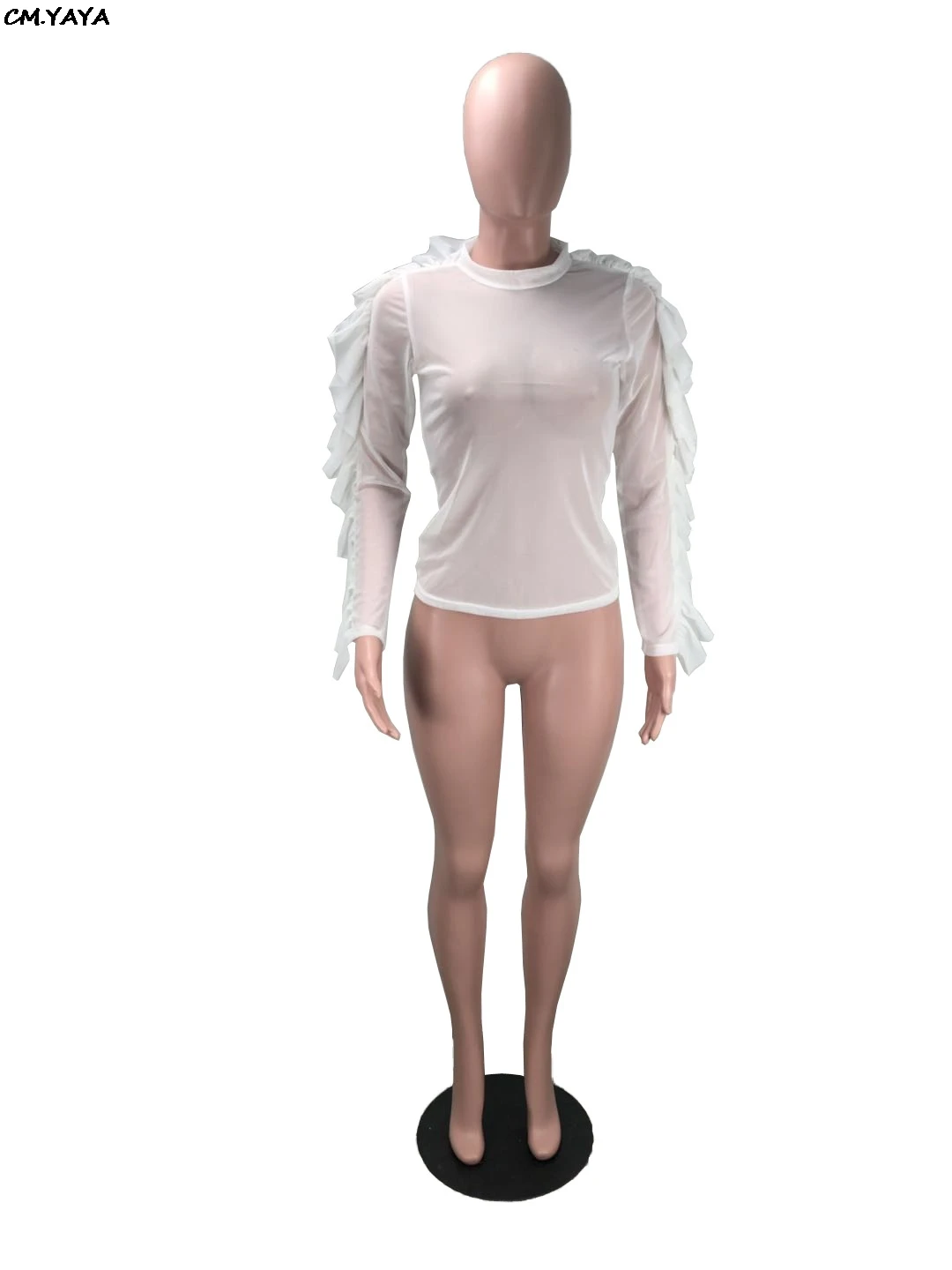 Женская облегающая блузка с оборками белая сетчатая прозрачная в уличном стиле