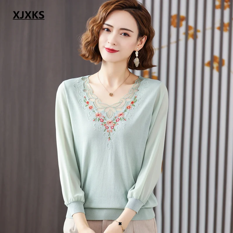 

XJXKS Exquisite embroidery women thin sweater 2021 autumn new loose plus size knitted stitching chiffon sleeve top women sweater