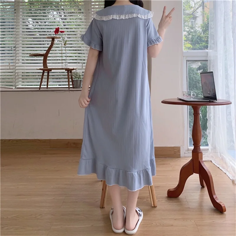 Summer Kawaii Elegant Gauze Blue White Bow Women Girl Pajamas Sweet Chic Chiffon Home Service Mid-Calf Nightdress Women Clothing
