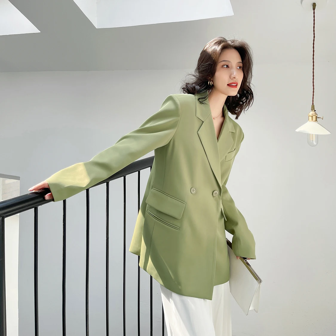 Женский костюм Топ Блейзер Модный Зеленый Новый Свободный Повседневный Весна