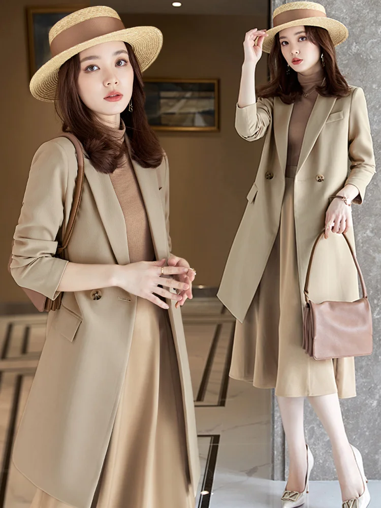 

Khaki windbreaker coat women's middle and long small 2021 new style spring and autumn beautiful suit coat