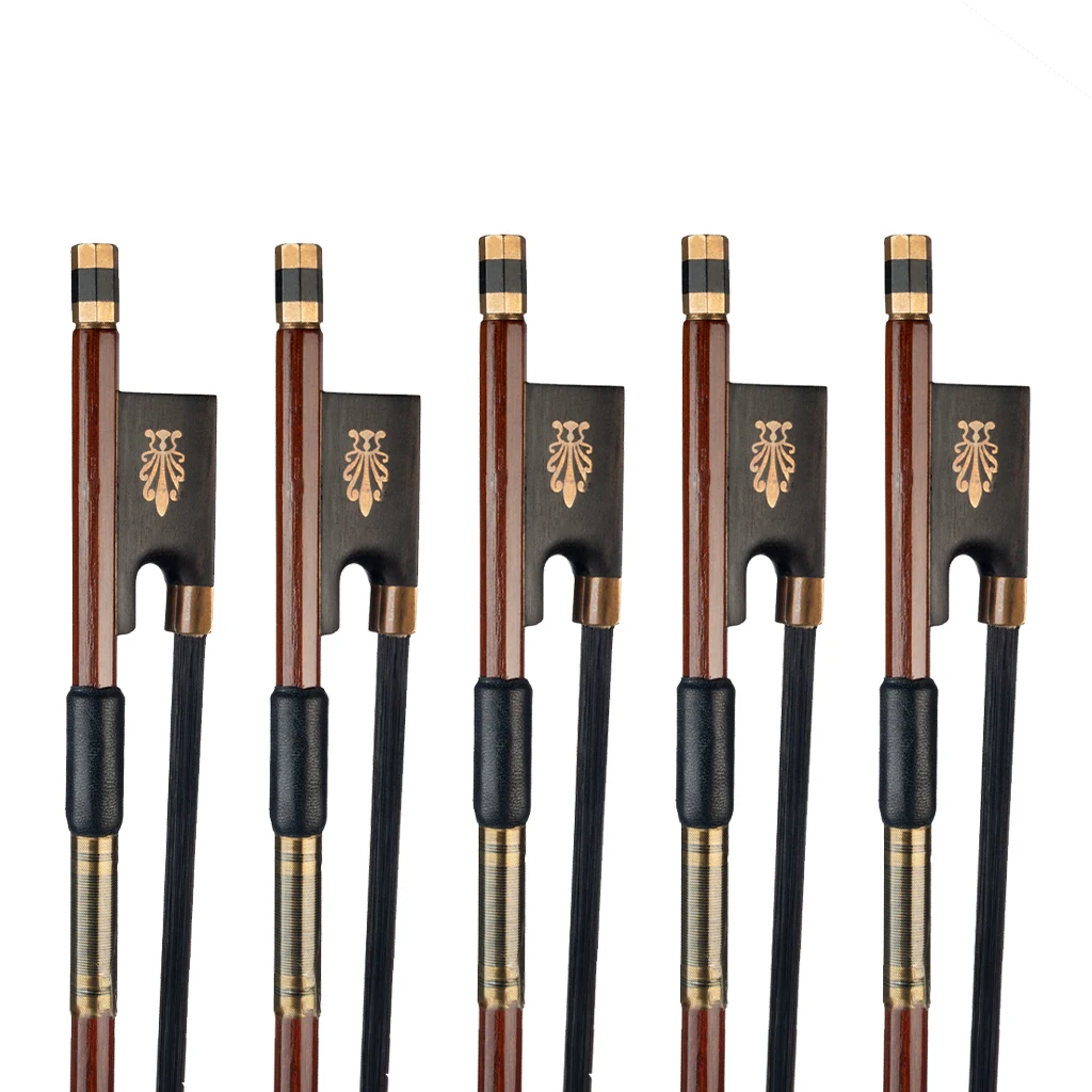 Enlarge 5pcs/1set 4/4 Violin Bow Round IPE Stick Ebony Frog Peacock Pattern Inlay Golden Wire And Black Silk Winding Advanced Bow