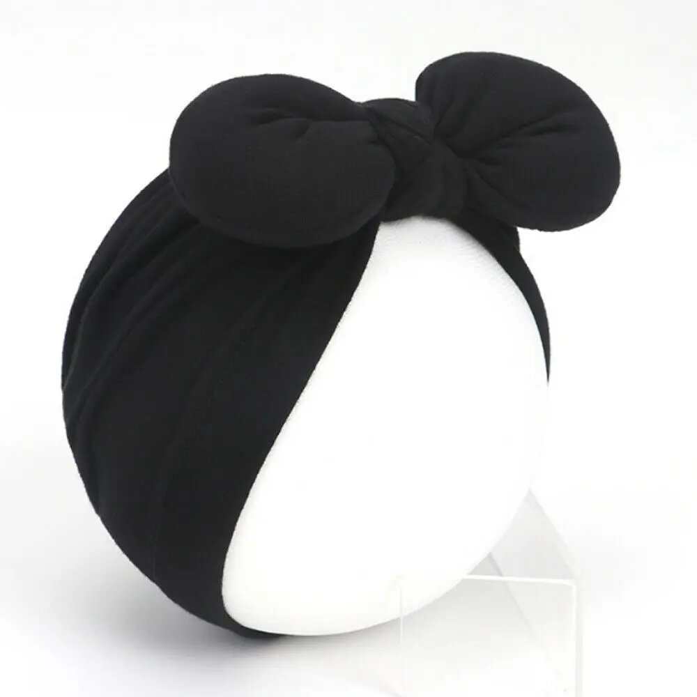 Black Newborn Toddler Baby Girls Turban Soft Silk Beanie Big Bow Hat Cap Wrap Headwear Headband Hats Accessories Candy Color Cute - Color: Black