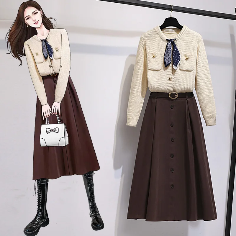 

New Small Fragrance Suit Women Two Piece Set Autumn Winter Bow Kniting Sweater+Single-Breasted A Line Skirt Suit With Belt