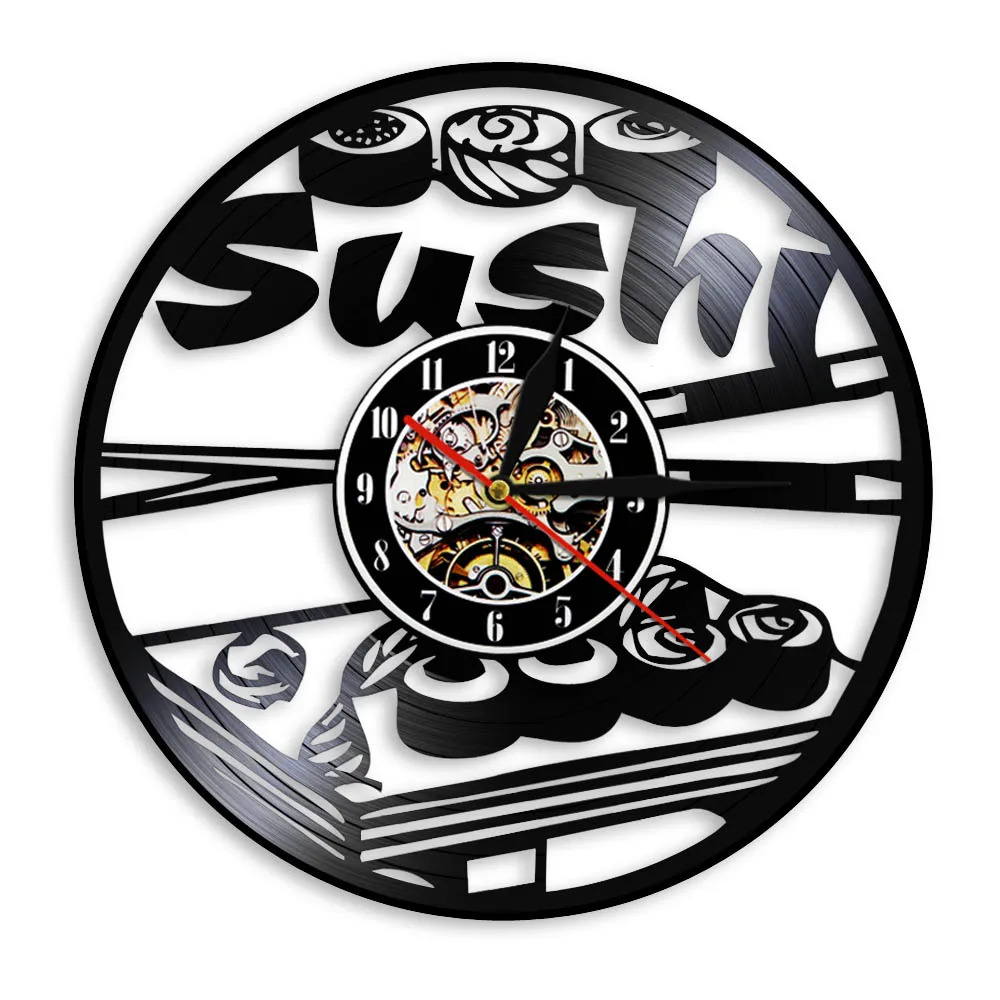 

Japanese Cuisine Vinyl Record Wall Clock Modern Design Sushi Rolls Wall Clock Decor Watch Sushi Bar Japanese Sashimi Restaurant