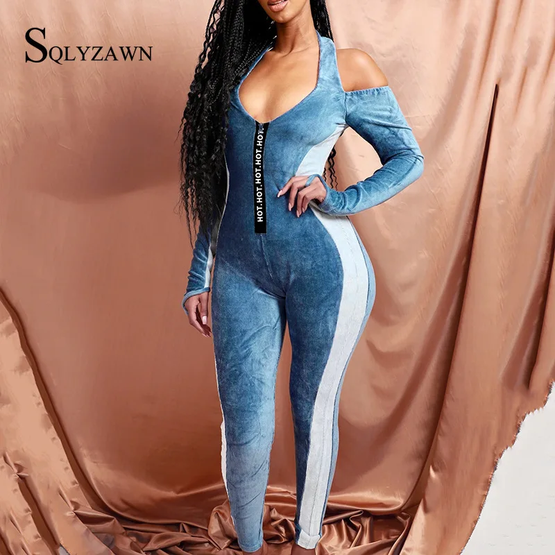 

Striped Velvet Jumpsuit Women Sexy Off Shoulder Casual Long Sleeve One Piece Bodycon Party Night Deep V Neck Velour Jumpsuit