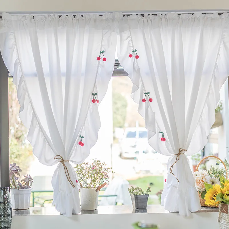 White Sheer Curtain Ruffle For Living Room Kitchen Cabinet Window Drapes Cute Cherry Kids Bedroom Tulle Rod Pocket | Дом и сад