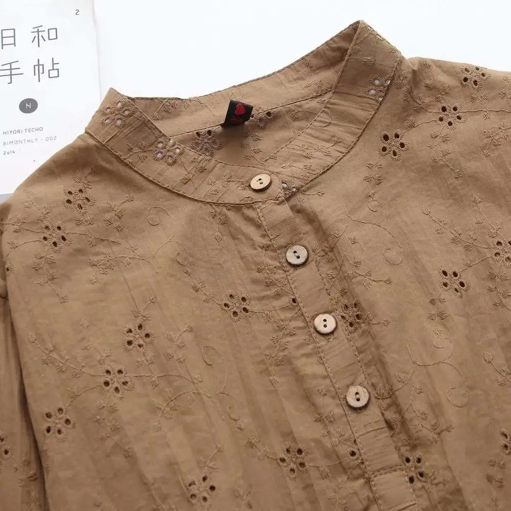 

Stand collar hollow out cotton dobby women loose blouse 2020 new plus size casual ladies pullover shirts female tops oversize