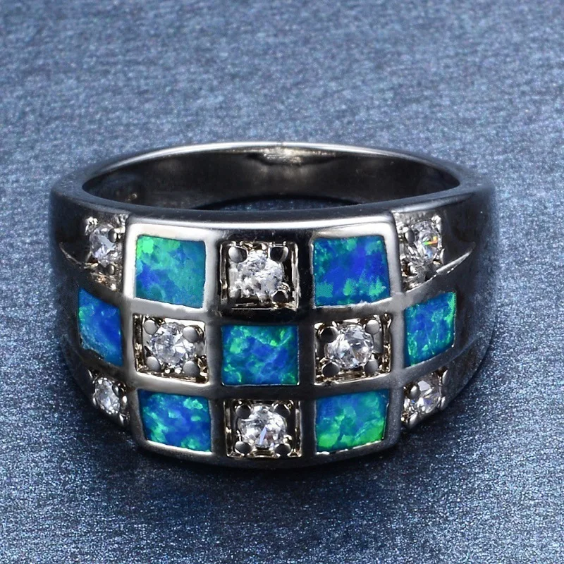 

Fashion Silver Color Geometric Square Blue Opal White Crystal Zircon Rhinestone Female Ring for Women Party Wedding Jewelry