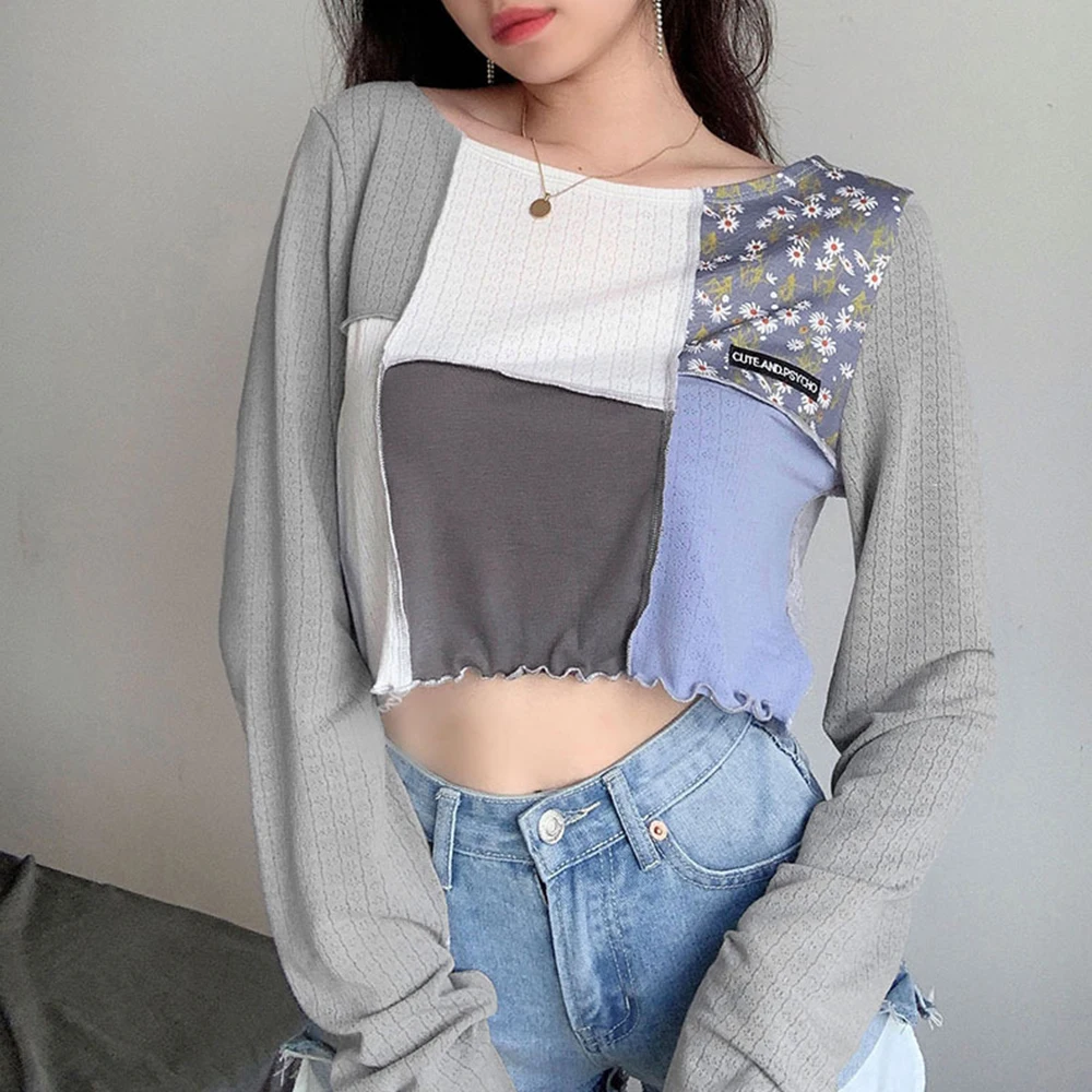 

Женская укороченная футболка с длинным рукавом, в стиле пэчворк