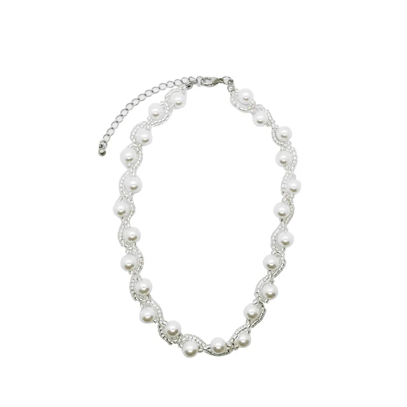 

Elegant Classic Temperament Handmade Woven Simulated Pearls Chain Wedding Choker Necklace for Women Adjustable Jewelry
