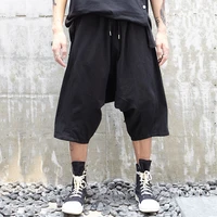 mens new hairstylist classic drawstring waist dark linen yamamoto style hanging crotch casual loose shorts