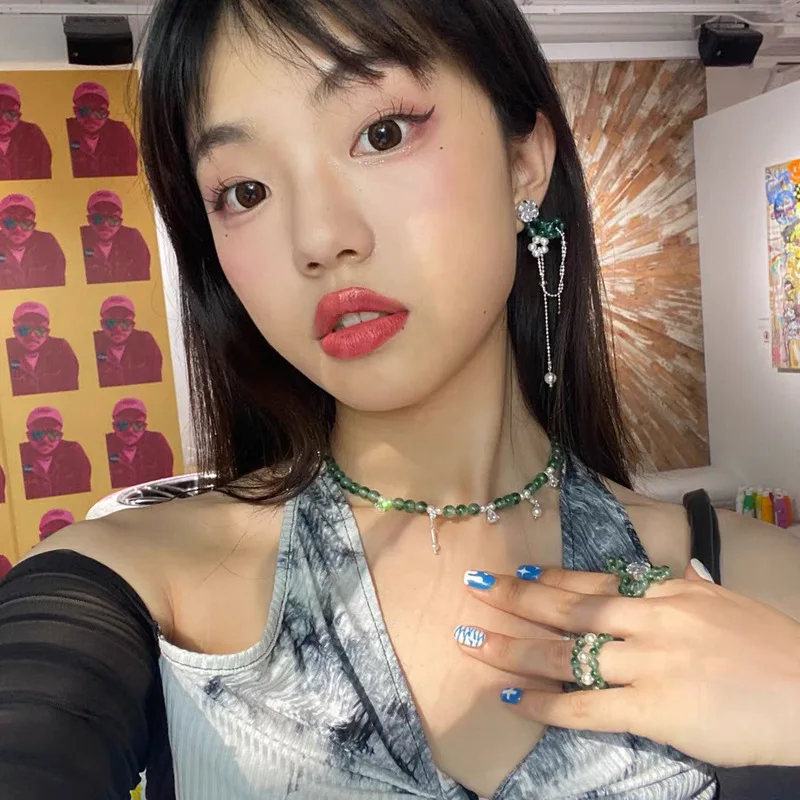 

New Ins Personality Cold Wind Green Jade Natural Stone Pearl Zircon Stitching Necklace Punk Fashionable Clavicle Gifts for Woman
