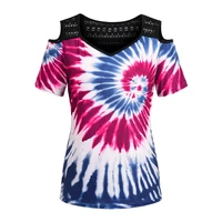 women tie dye print hollow short sleeve t shirt lace strap v neck strapless plus size tops summer fashion street casual tees