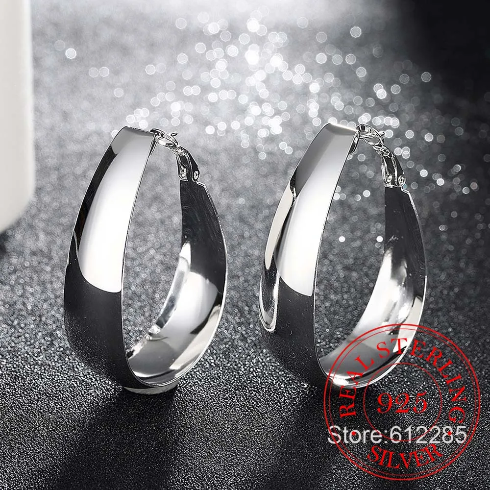 

European Style Big Earrings Real 925 sterling silver Loop earrings simple style Smooth Oval hoop earrings for women Fine Jewelry