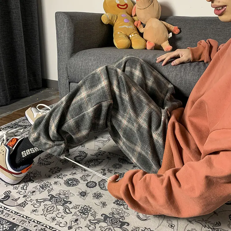 

Spring Summer Plaid Pants Men's Fashion Retro Casual Pants Men Streetwear Korean Hip-hop Straight Wide-leg Pants Mens Trousers