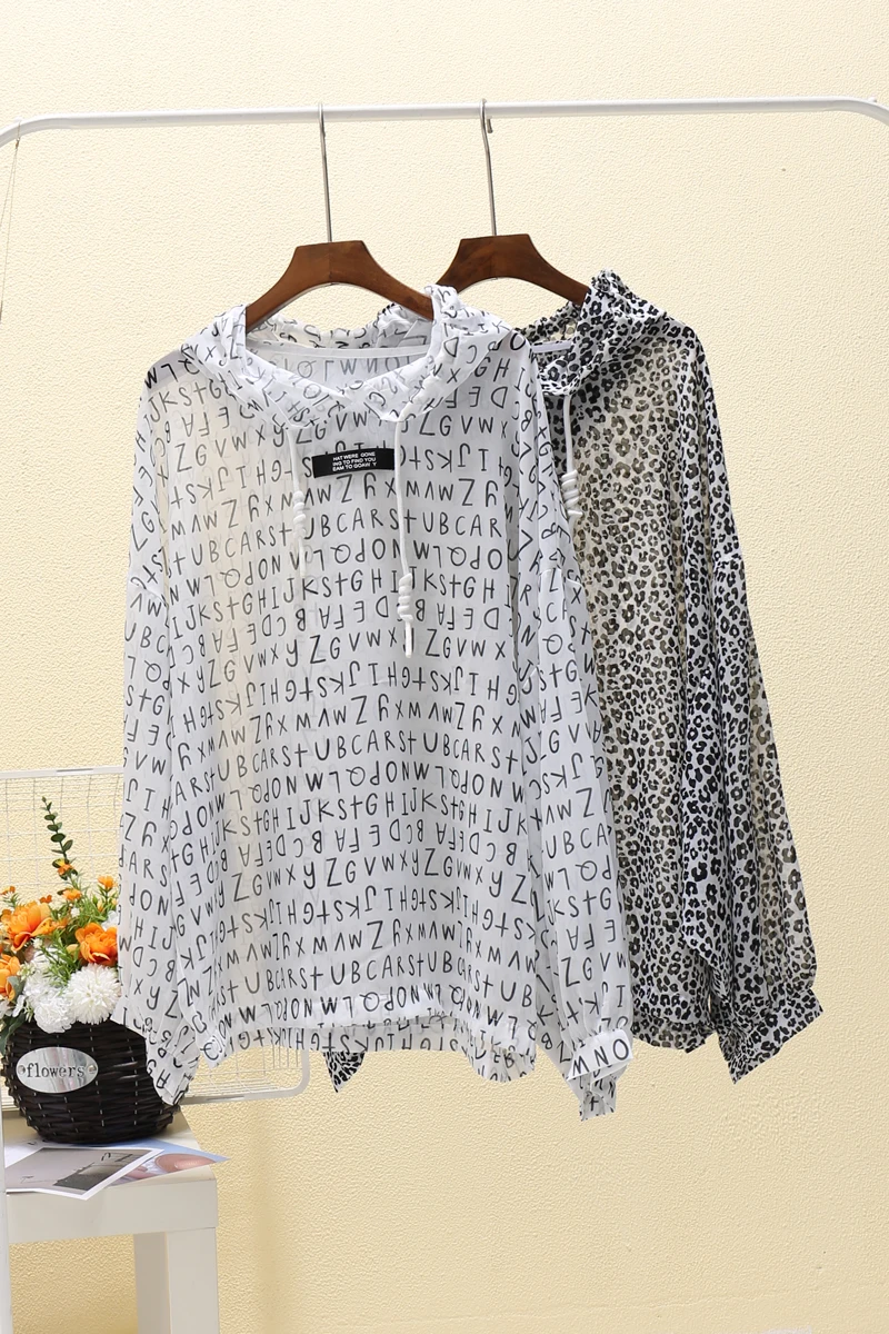 

Summer Sun Protective Clothes Dropshipping Women's Korean Leopard Print Summer Blouses Female See Through Black Hooded Shirt