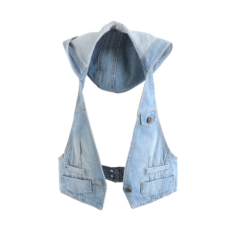 

Women Brand New Hooded Vest Short Slim All-match Cardigan Sleeveless Demin Waistcoat Korea FashionOutwear Jacket&Coat MJ0025