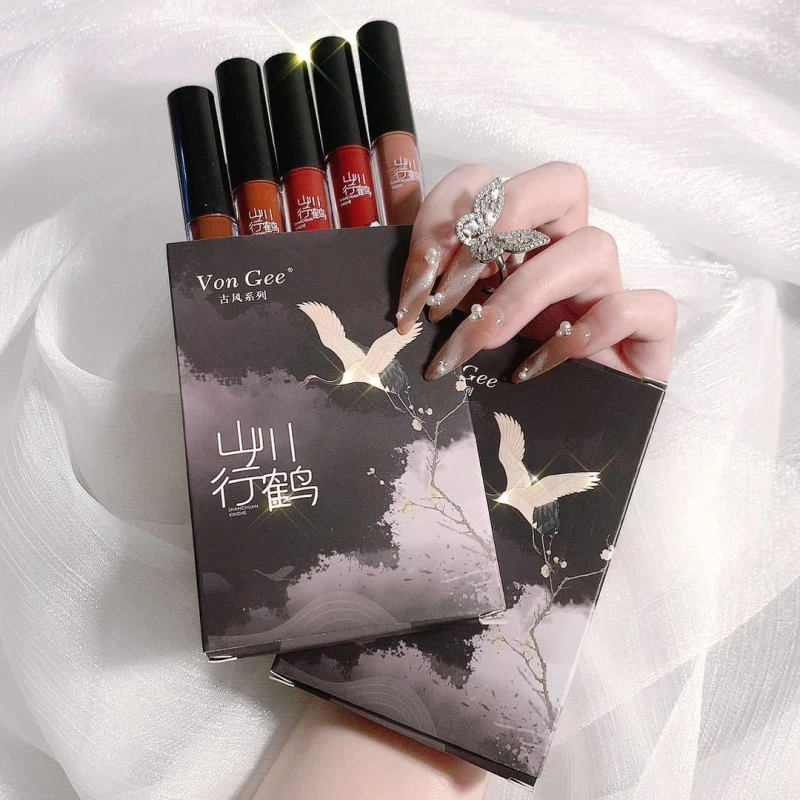 

Chinese Style Matte Lip Gloss Set 5 Colors Waterproof Long-lasting Tint 5Pcs/set Lip Glaze Set Makeup Kit Gift Beauty Cosmetics