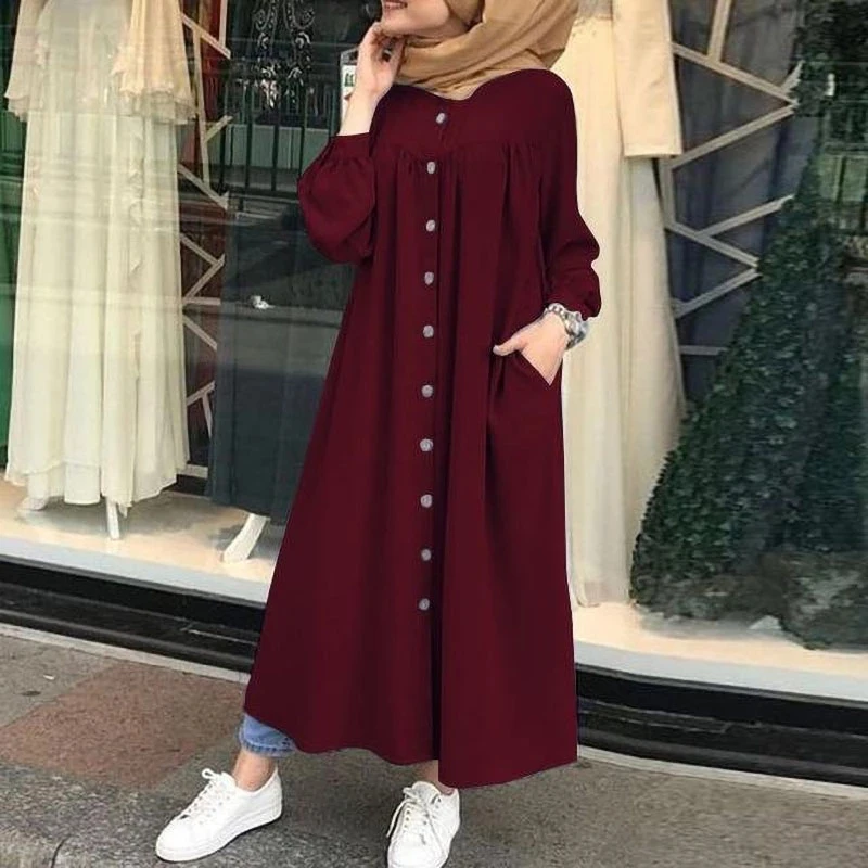 

Muslim Abaya Dress Women Hijabs Shirt Dress Solid Long Sleeve Pocket Maxi Vestidos Female Button Robe High Wasit Femme Musulman