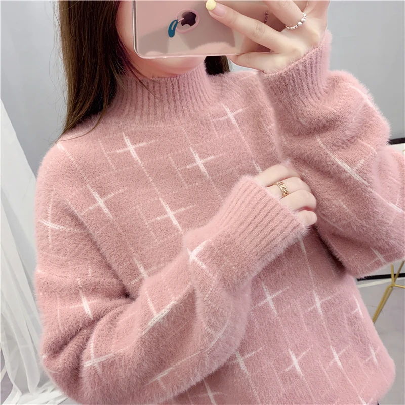 Pink Теплые свитера, Женский пуловер, свитер с рисунком, мохер, синий, оранжевый, толстый плюш, шерсть, зима, теплый, осень, свободный, мягкий мех, кашемир - Цвет: Pink