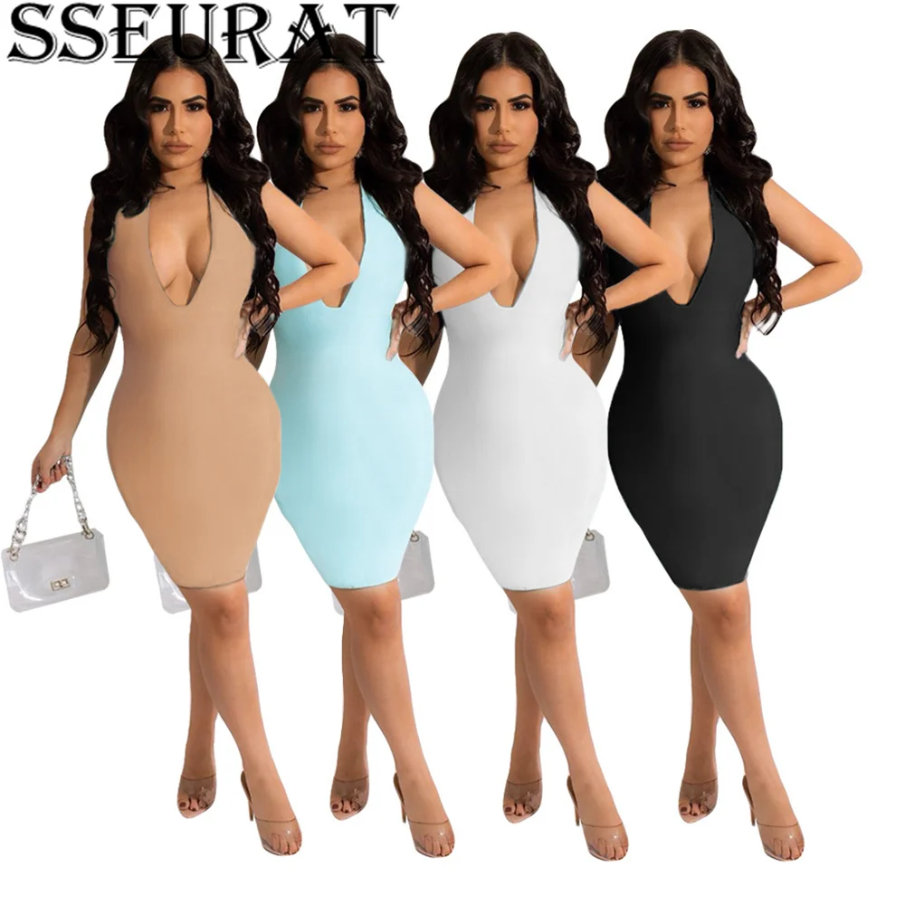 

Женское однотонное платье с лямкой на шее SSEURAT, летнее сексуальное платье с открытой спиной для клувечерние, 2021