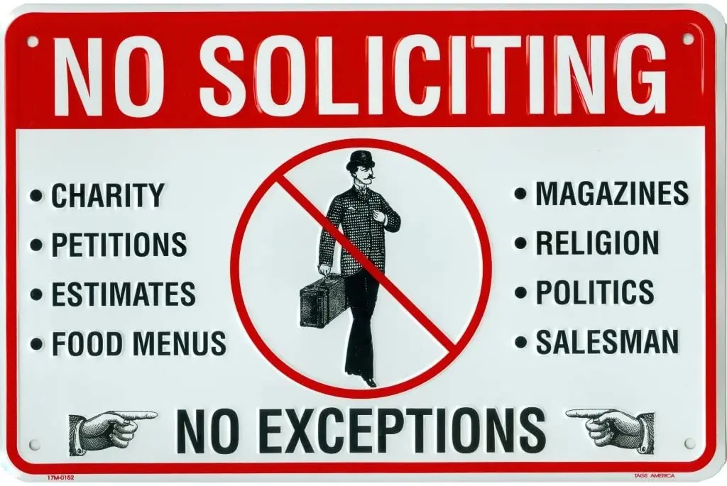

Tags America No Soliciting Sign, Metal Yard Sign for House, Home or Business, 8 x 12 Inch Rust Free Aluminum, Easy Mount On
