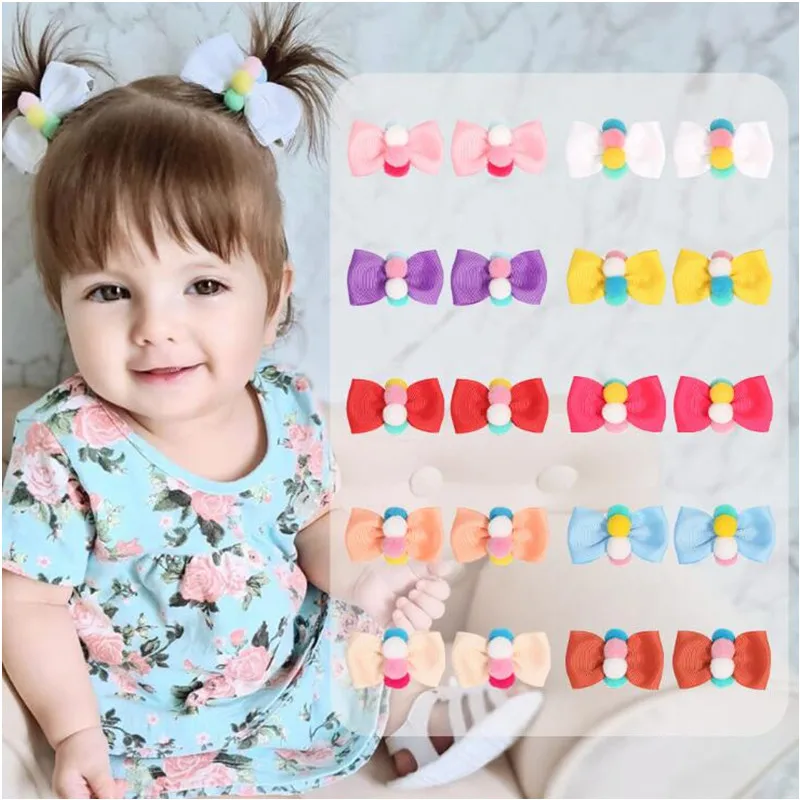 

New High Quality Grosgrain Ribbon Bow Hair Clips Small Plush Balls Hairpin Barrettes 10pcs/set Girls Kids Hair Accessories