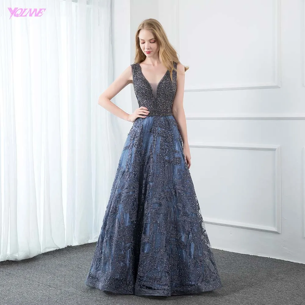 Элегантные темно синие вечерние платья с кружевной вышивкой Длинные без рукавов