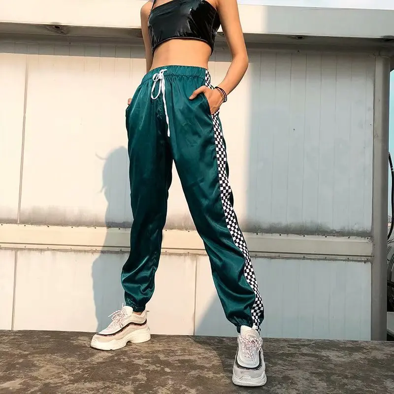 

Женские винтажные длинные брюки в стиле Харадзюку, повседневные зеленые брюки в черно-белую клетку с боковыми вставками