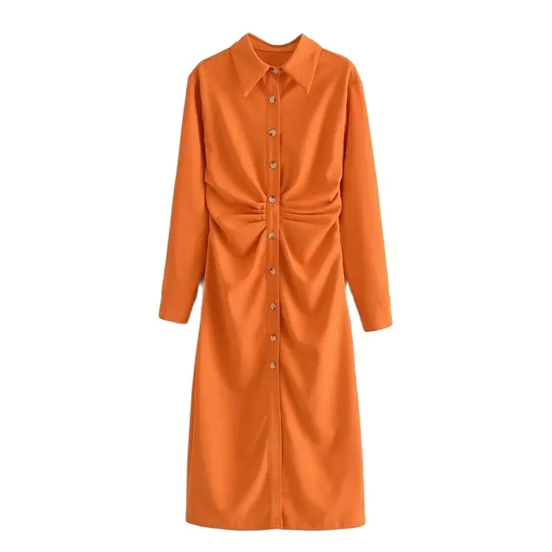 Женское Плиссированное Платье-миди с отложным воротником пуговицами и складками