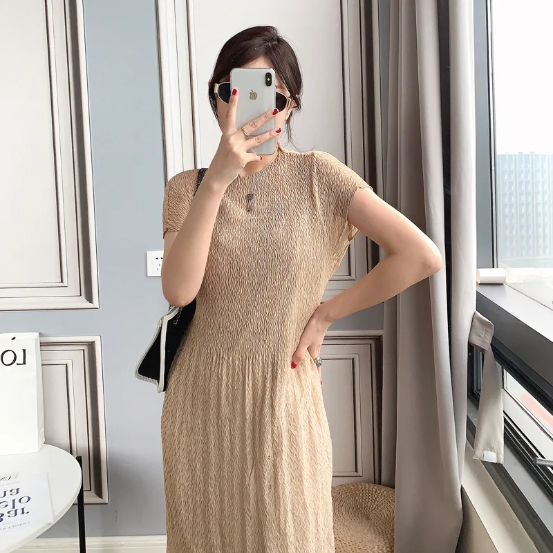 

Pleated Dress women's mid long short sleeve summer 2021 slim send suspender two piece suit slim pleated skirt dress