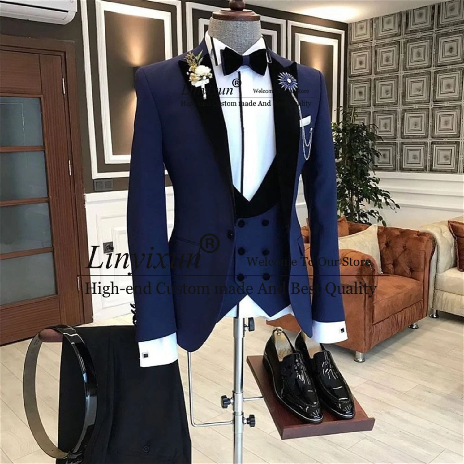 

Fashion Navy Blue Costume Homme Business Mens Suits Classic 3 Pieces Wedding Suits For Men Ternos Masculinos Slim Fit Tuxedos